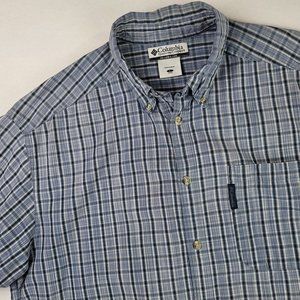 Columbia Button Up Fishing Shirt Mens Large L Blue Plaid Short Sleeve Cotton